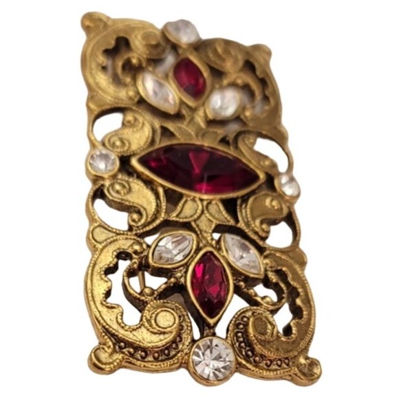 1928 Brand Gold Tone Red, Clear Glass Rhinestone Scroll Bar Brooch Pin E489 - Picture 4 of 9